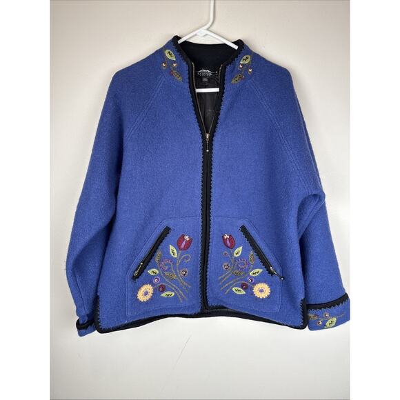 Icelandic Designs Embroidered Wool Zip Up Knit Cardigan Sweater Blue Womens M - Picture 1 of 9